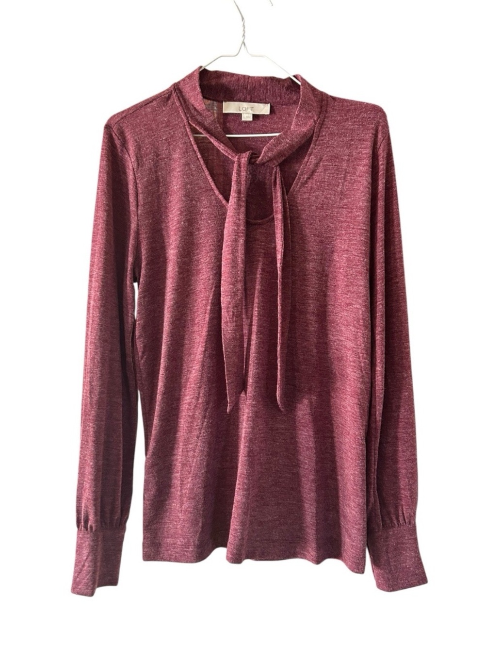 Loft Large Knit Tie Neck Blouse Top Heathered Plum Wine Office Chic Classy